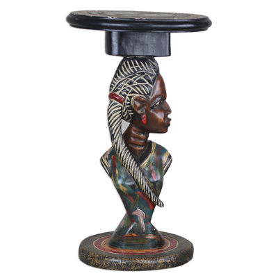 Cedar Wood Accent Table Depicting a Woman from Ghana