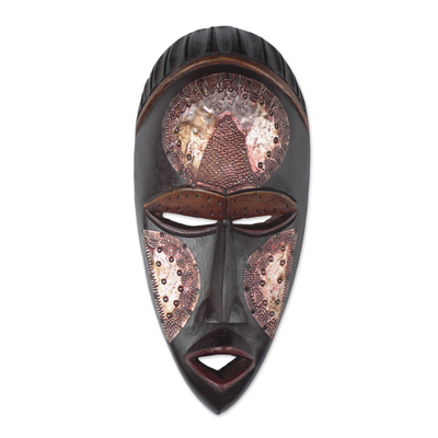 Black Sese Wood and Aluminum African Wall Mask from Ghana