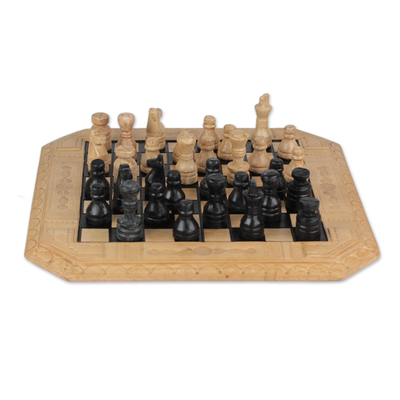 Leather Chess Set in Beige and Black from Ghana