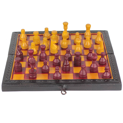 Red and Yellow Leather Travel Chess Set from Ghana