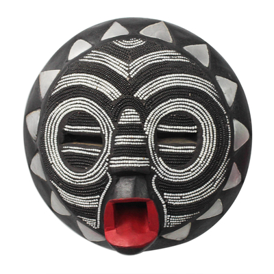 Black and White Glass Beaded African Wood Mask from Ghana