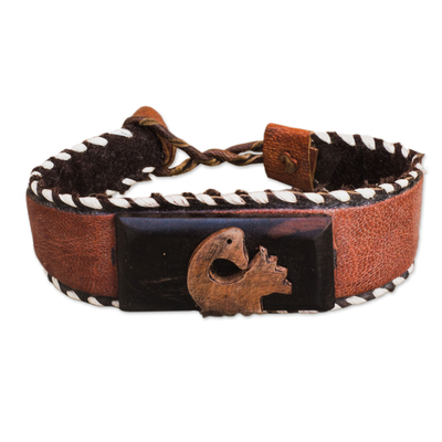 Ebony Wood and Leather Adinkra Cuff Bracelet from Ghana