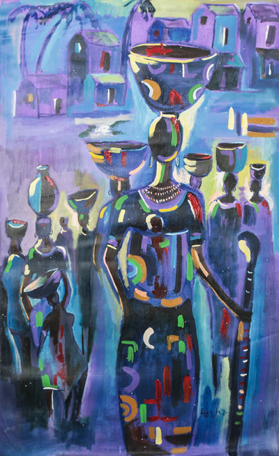 Colorful Signed Expressionist Painting from Ghana