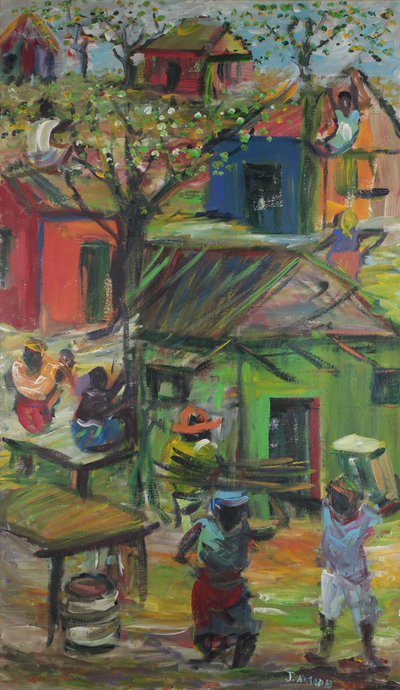 Signed Impressionist Village Painting from Ghana