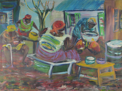 Signed Impressionist Painting of Cooks from Ghana