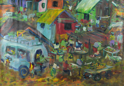 Signed Impressionist Market Scene Painting from Ghana
