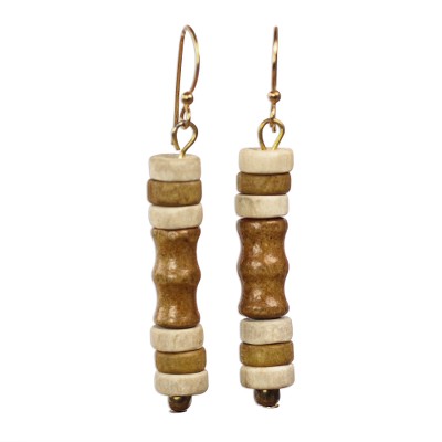 Beige and Cream Wood Cylindrical Bead Dangle Earrings