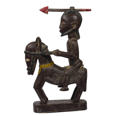 Brown and Cream Horseback Warrior Wood Sculpture from Ghana
