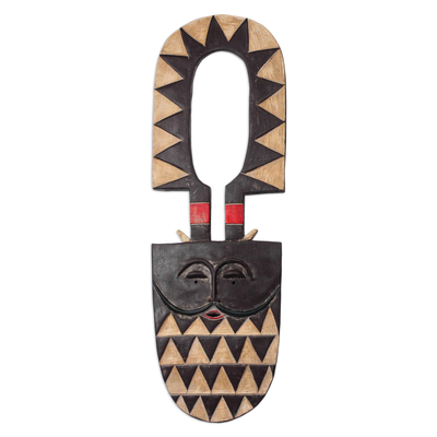 Brown Cream and Red Accent African Wood Decorative Wall Mask