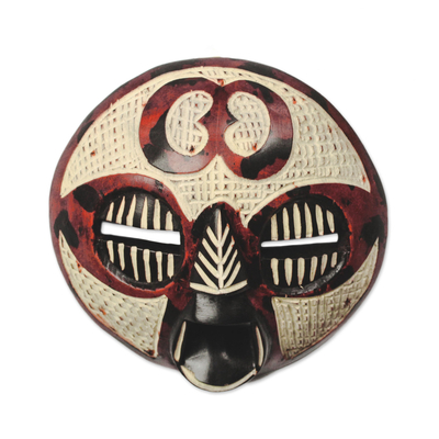 Adinkra-Themed African Wood Mask in Red from Ghana