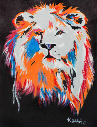Signed Modern Painting of a Lion from Ghana