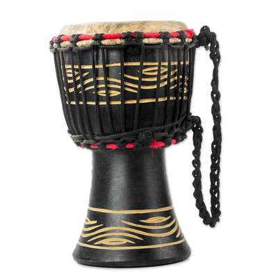 Wood Djembe Drum with Eye Motifs from Ghana