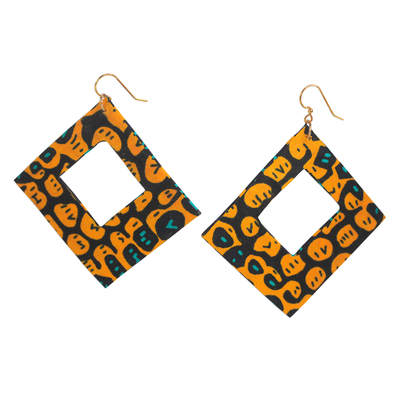 Square Cotton Dangle Earrings in Orange from Ghana
