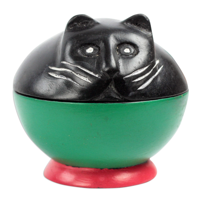 Black and Green Cat Wood Decorative Jar from Ghana