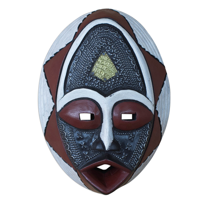 African Sese Wood Mask in White Red and Black from Ghana