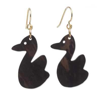 Handcrafted Duck Ebony Wood Dangle Earrings from Ghana