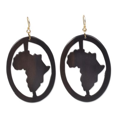 Handcrafted Oval Ebony Wood Africa Continent Dangle Earrings