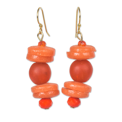 Red-Orange Recycled Glass and Plastic Bead Dangle Earrings