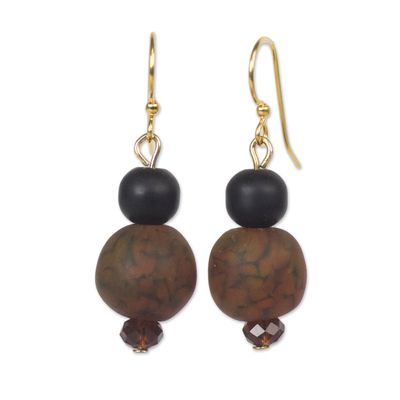 Brown-Black Recycled Glass and Plastic Bead Dangle Earrings