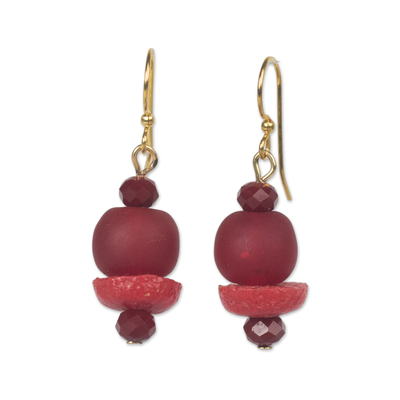 Crimson Red Recycled Glass Bead Dangle Earrings from Ghana