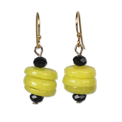 Yellow Recycled Glass and Plastic Beaded Dangle Earrings