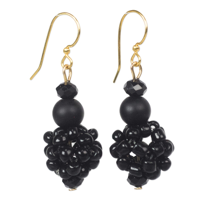 Black Recycled Glass and Plastic Bead Dangle Earrings