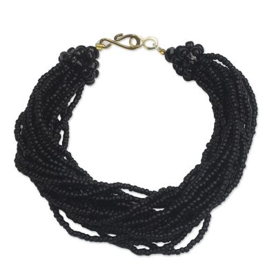 Black Recycled Glass Bead Multi-Strand Torsade Bracelet