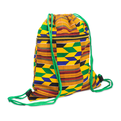 Kente-Inspired Cotton Print Drawstring Backpack with Pocket
