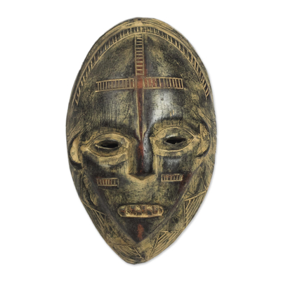 Cross Motif Rustic African Wood Mask from Ghana