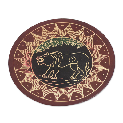 Hand-Carved Round Roaring Lion Sese Wood Decorative Plate