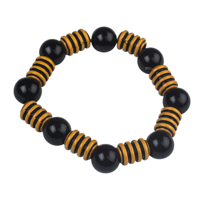 Bold Black and Yellow Striped Recycled Bead Stretch Bracelet