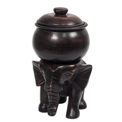 Hand Carved Wood Elephant Statuette with Lidded Jar