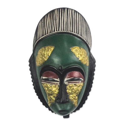 Green and Gold African Wood Baule-Inspired Mask from Ghana
