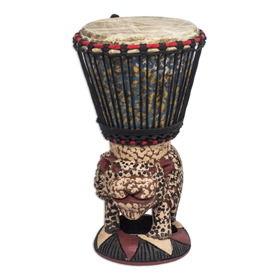 Brown and Cream Handcrafted Wood Djembe Drum with Tiger Base