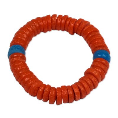 Recycled Plastic Beaded Stretch Bracelet in Orange and Blue