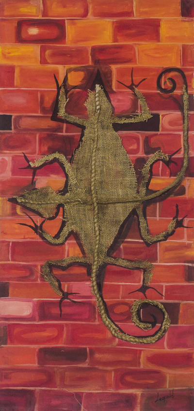 Signed Mixed Media Painting of a Lizard from Ghana (2018)