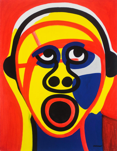 Signed Cubist Painting of a Face from Ghana