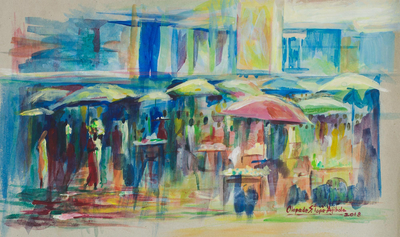 Signed Impressionist Market Scene Painting from Nigeria