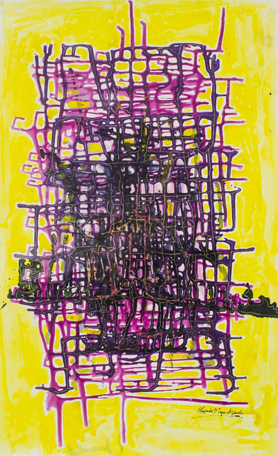 Signed Abstract Painting in Purple and Yellow from Nigeria