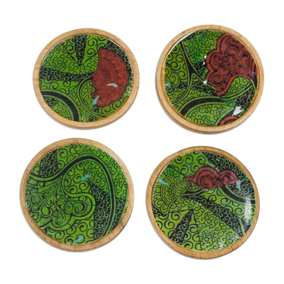 Wood and Cotton Coasters in Green from Ghana (Set of 4)
