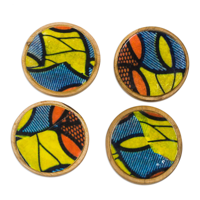 Vibrant Wood and Cotton Coasters from Ghana (Set of 4)