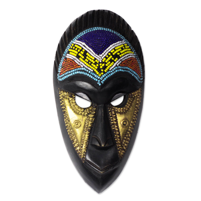 African Recycled Glass Beaded Wood Mask from Ghana