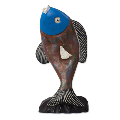 Hand-Carved Rustic Sese Wood Fish Sculpture from Ghana