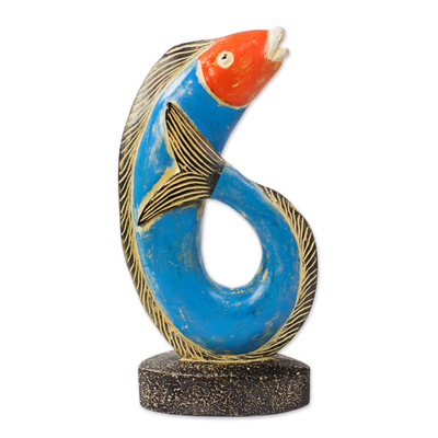 Rustic Wood Fish Sculpture in Blue from Ghana