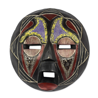 African Recycled Plastic Beaded Wood Mask from Ghana