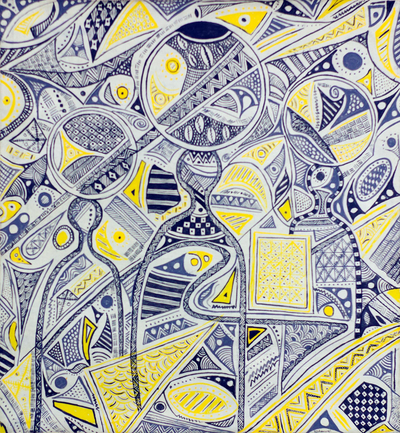 Blue White and Yellow Abstract Painting from Ghana (2019)