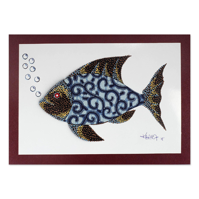 Modern Fish Painting with Printed Cotton Accent in Blue