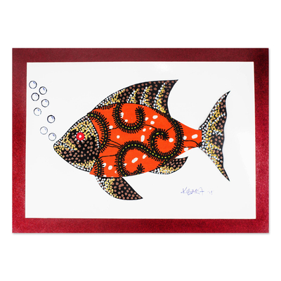 Cotton Accented Fish Painting in Saffron from Ghana
