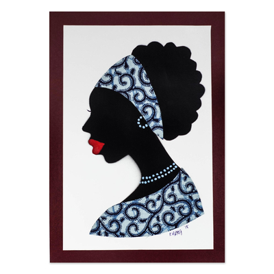 Signed African Woman Painting in Blue from Ghana