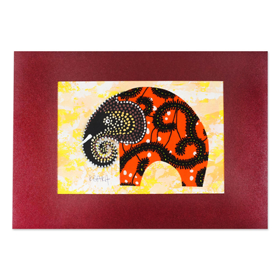 Signed Cotton Accented Elephant Painting in Saffron